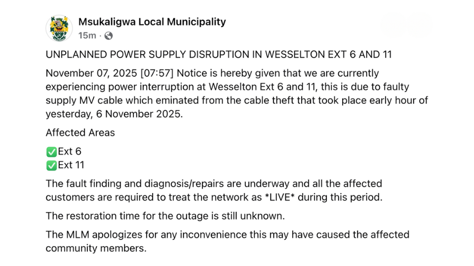 Unplanned Power Outage Hits Wesselton Ext 6 & 11 Following Cable Theft